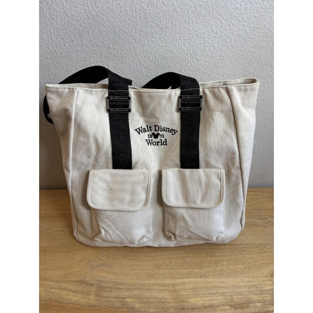 Disney Parks Walt Disney World 1971 Canvas Tote Bag Cream Pockets Black Straps